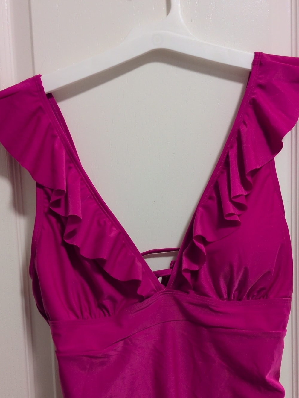 Low Cut V-neck Ruffled Hot Pink Swimsuit - Picture 4 of 6